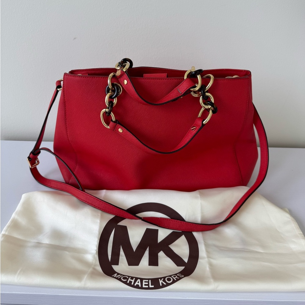 Michael Kors Red Leather Shoulder Bag with Gold Accents